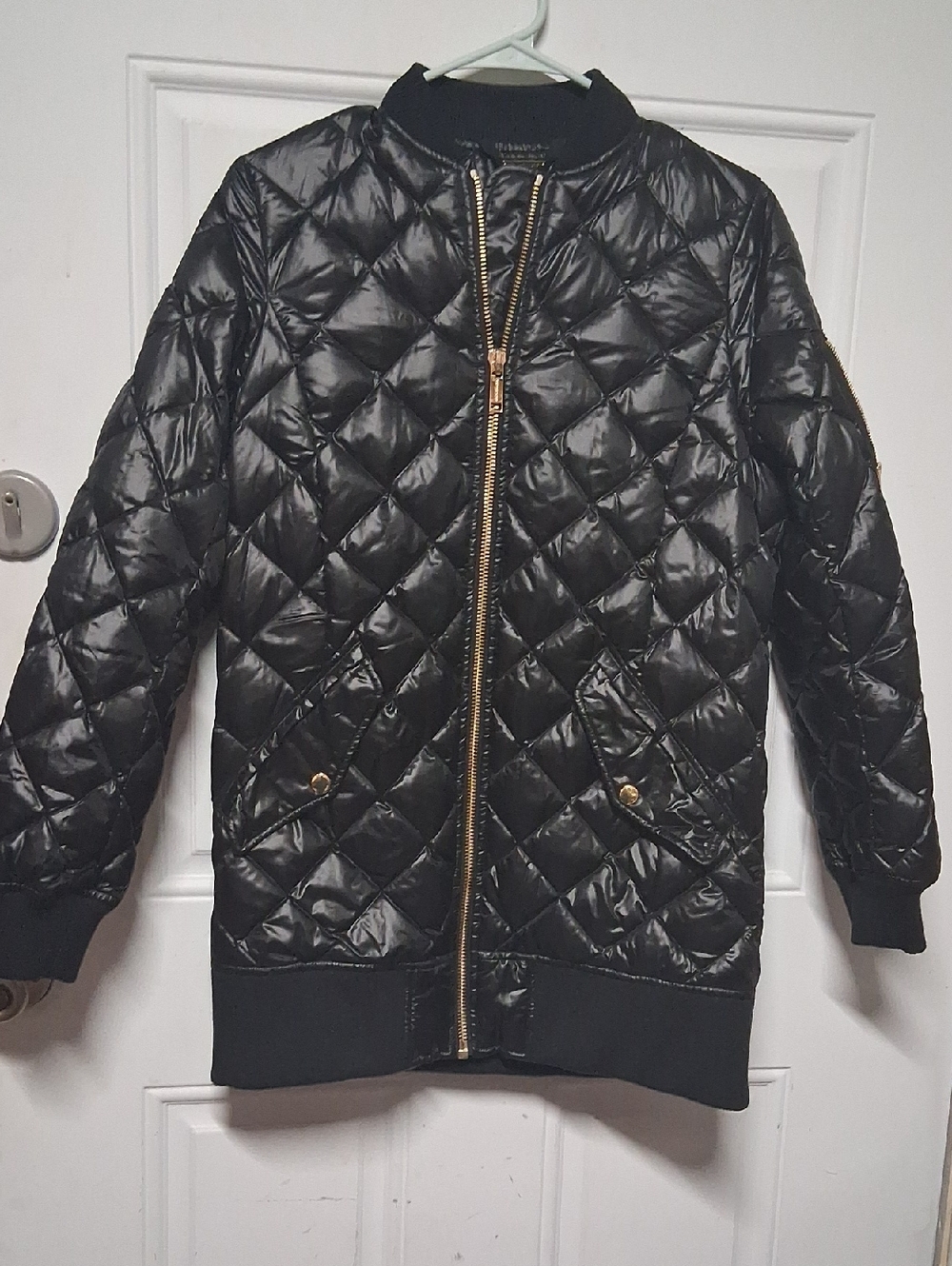 Black Quilted Bomber Jacket with Gold Zipper